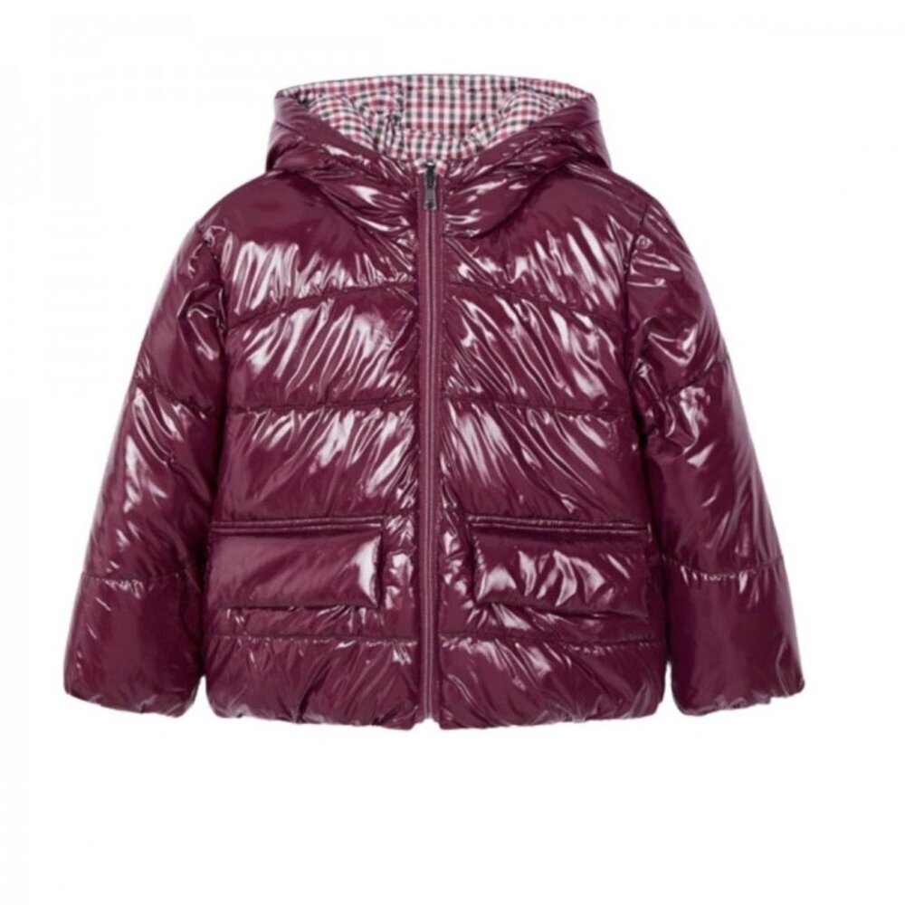 Mayoral Reversible Glossy Hooded Puffer Jacket Burgundy Plaid Unisex Size 6
